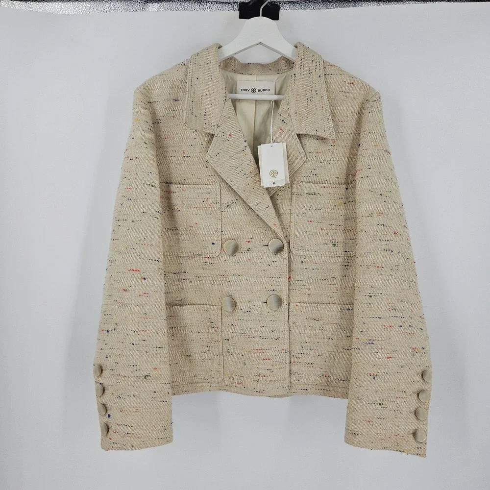 Tory Burch Confetti Twill Tweed Blazer Jacket Beige Double Breasted NWT $998 14